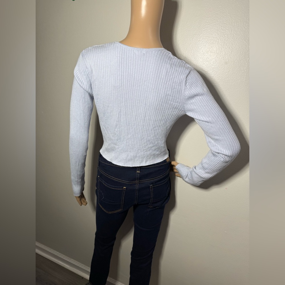 Garage Light Blue Front Tie Ribbed Women’s Cardi Cropped Size‎ P/Small - Picture 6 of 11